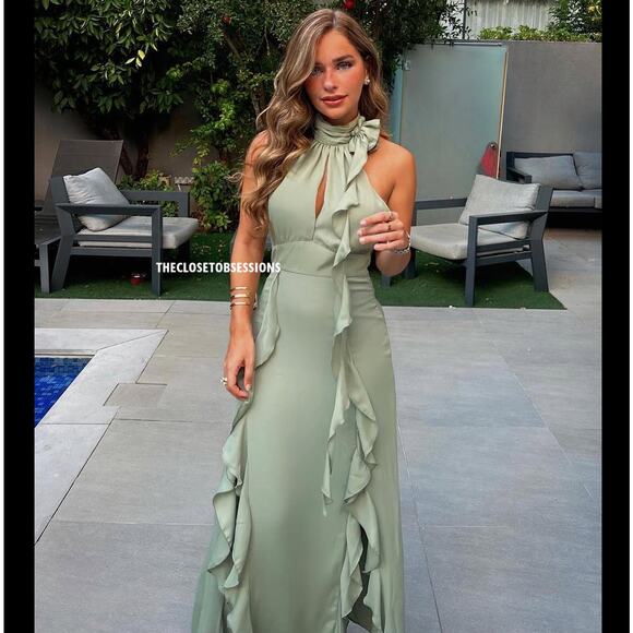 💚 ZARA Halter Neck Midi Dress NWT | Sea Green Ruffle Floral Detail M/L - Picture 8 of 16